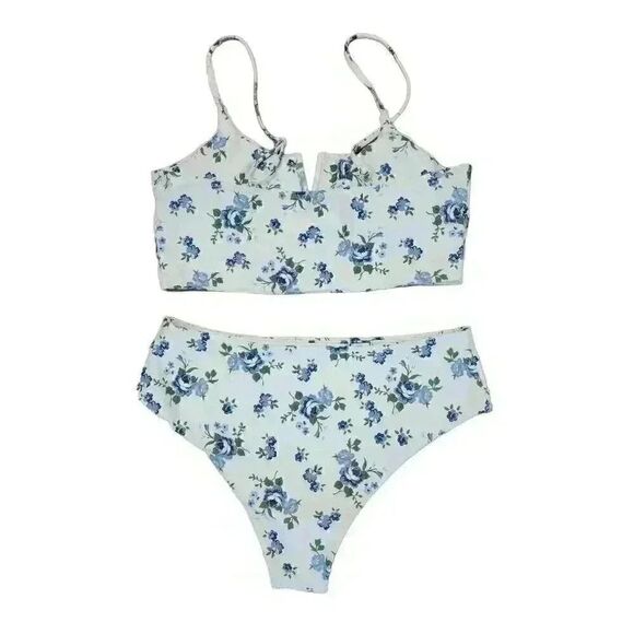 Zaful Women's White & Blue Poly/Spandex Floral Bikini w Removeable Pads & Adj St - Picture 5 of 10